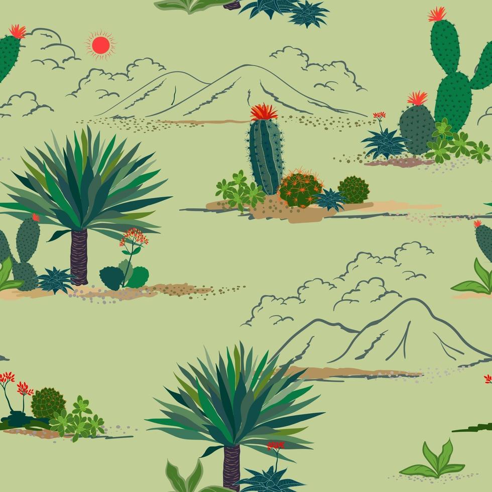 Dibujo a mano alzada, cactus y plantas suculentas de patrones sin fisuras sobre fondo verde pastel para decoración, moda, tela, textil, impresión o papel tapiz vector