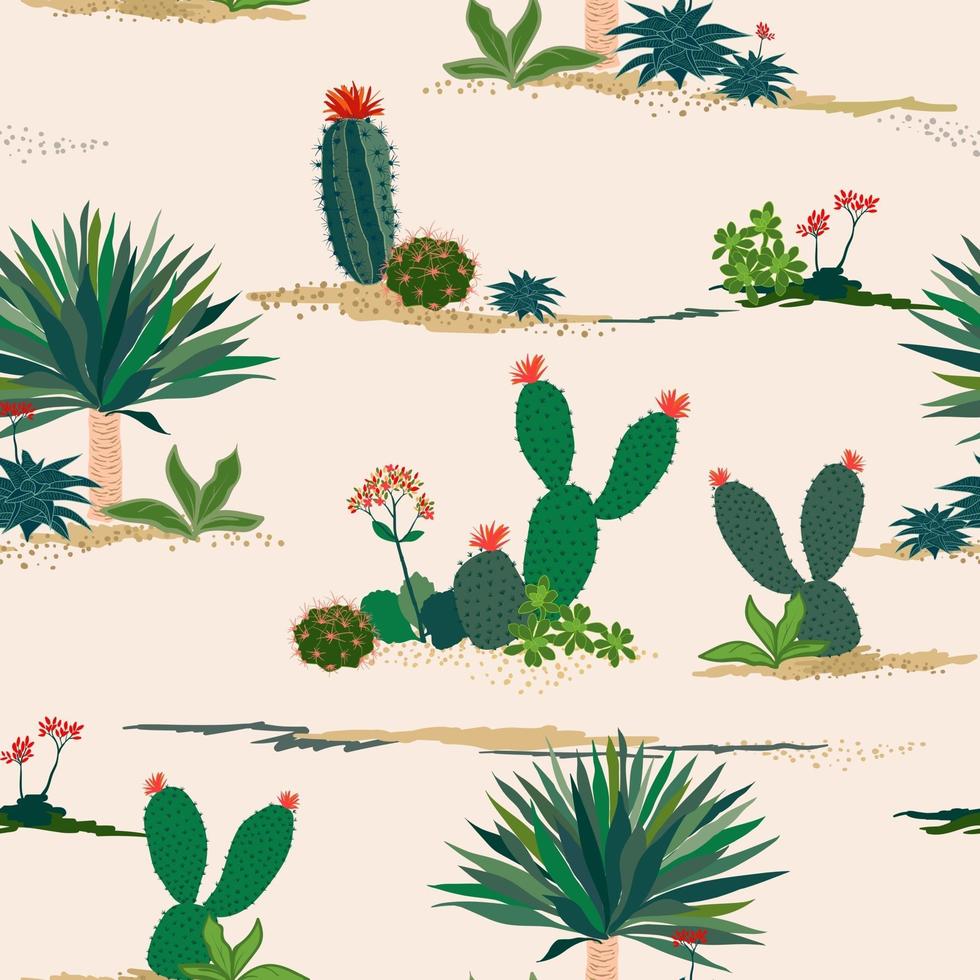 Dibujo a mano alzada, cactus y plantas suculentas de patrones sin fisuras sobre fondo pastel para decoración, moda, tela, textil, impresión o papel tapiz vector