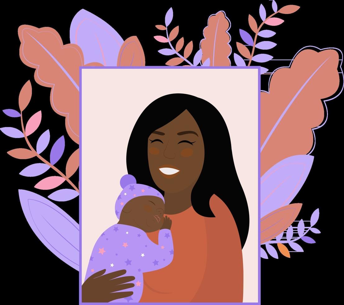 Happy Mothers day Mom and little daughter African american woman is holding the baby in her arms and smiling The newborn is sleeping Vector flat illustration