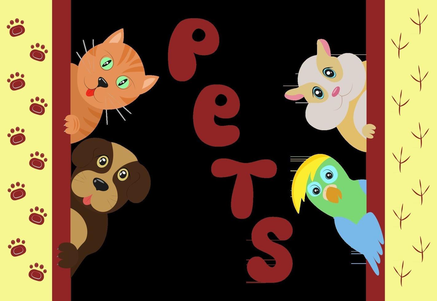 Pets Vector illustration Cute cartoon cat and dog with hamster and home parrot World Pet Day November 30 Domestic animals looking out from behind the wall and show their tongue and smiling