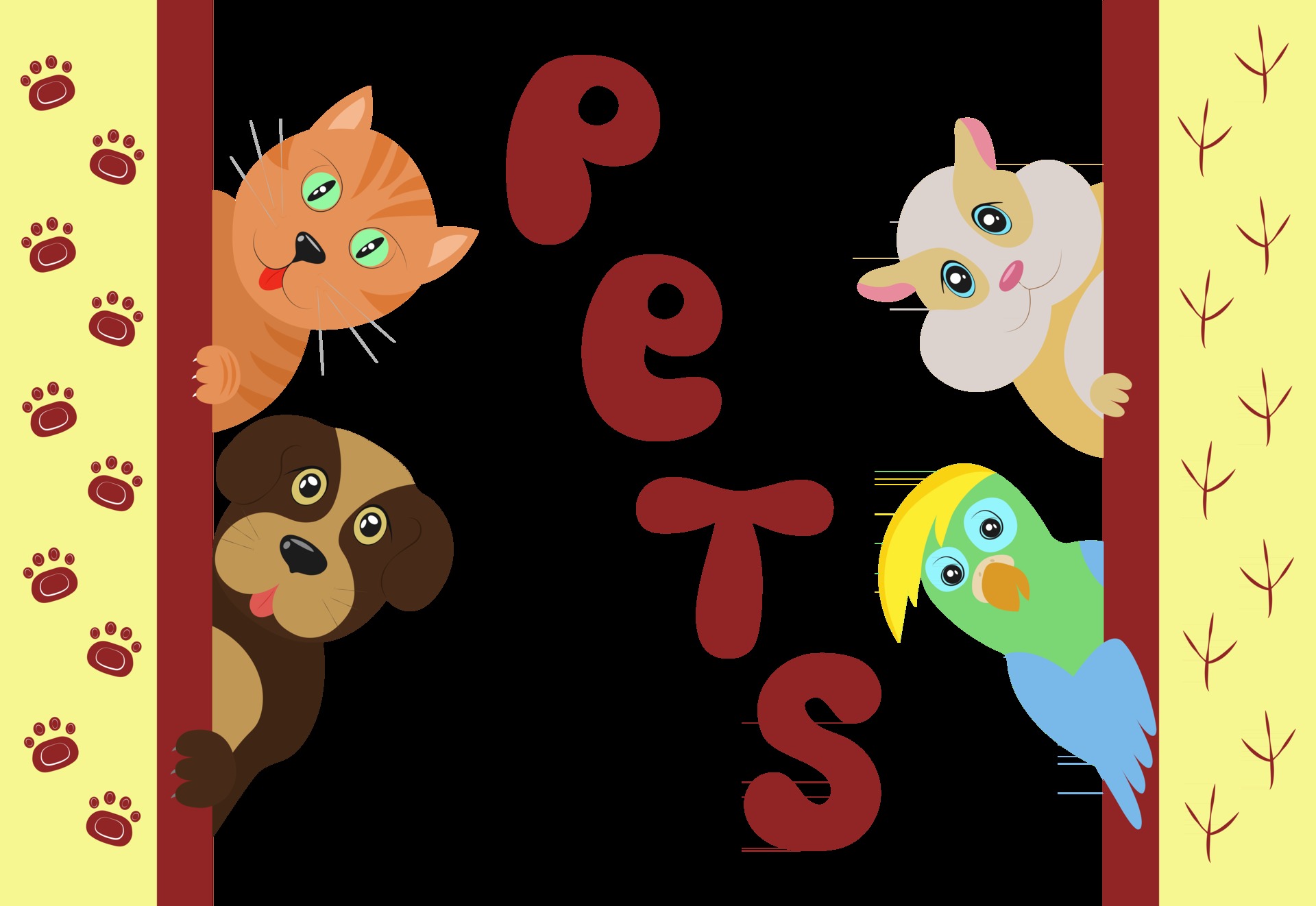 Pets Vector illustration Cute cartoon cat and dog with hamster and home parrot World Pet Day November 30 Domestic animals looking out from behind the wall and show their tongue and smiling Pets Vector illustration Cute cartoon cat and dog with hamster and home parrot World Pet Day November 30 Domestic animals looking out from behind the wall and show their tongue and smiling