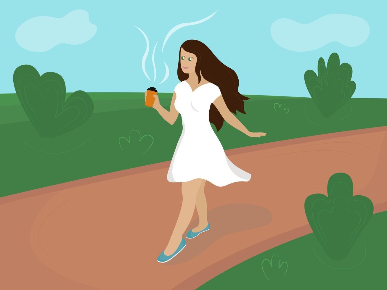 Young woman is walking through the park and holding a fresh coffee in a paper cup in her hand Beautiful girl in a white summer dress Vector flat illustration