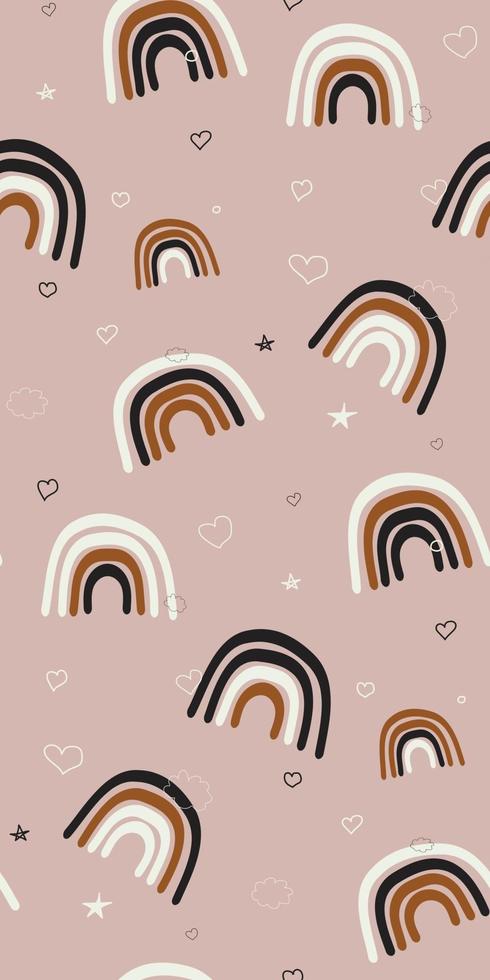 Kids hand drawn seamless pattern with rainbows and stars Summer minimalistic background Pastel colors for girls Scandinavian design Print for baby design Kids pattern Vector