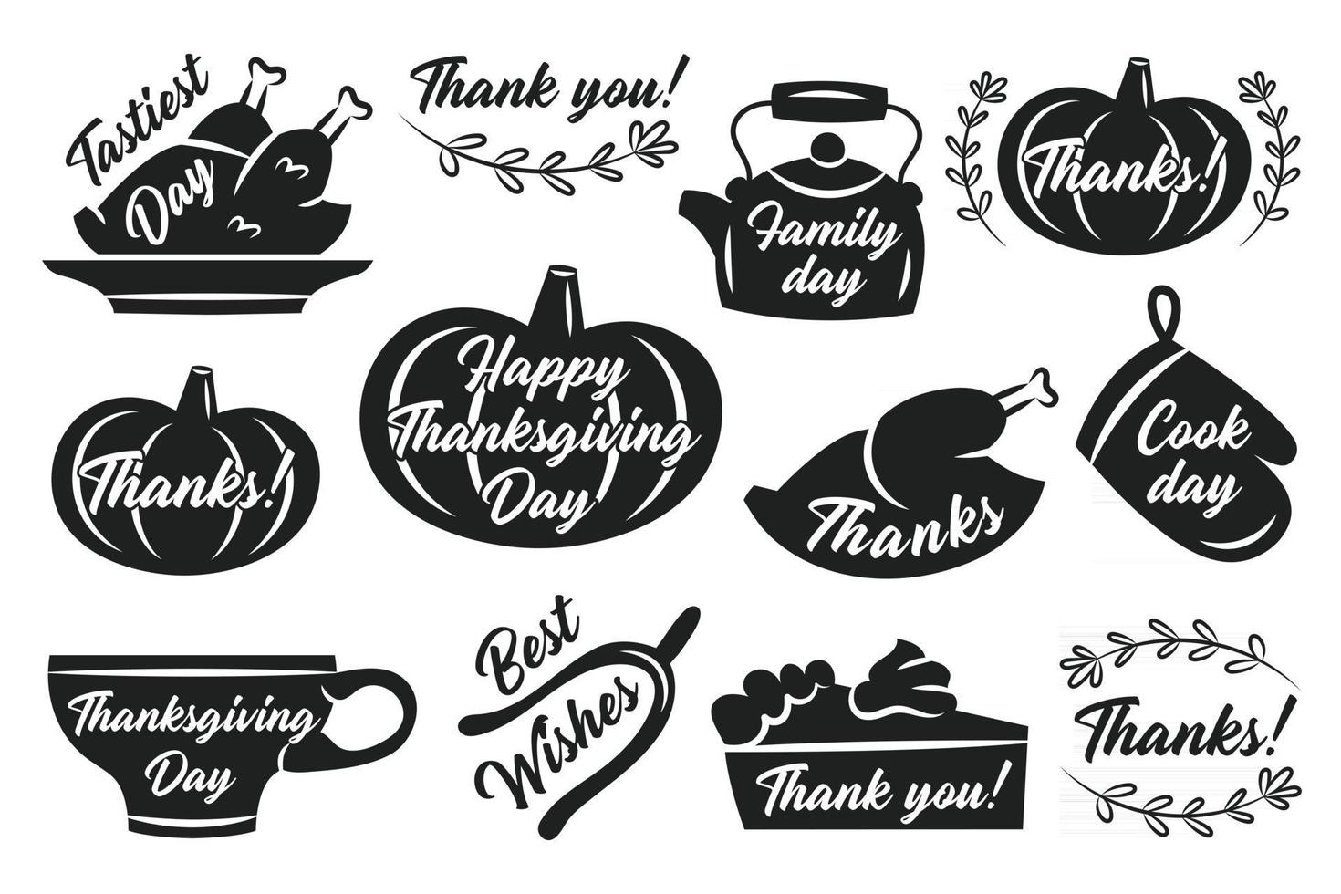 Thanksgiving stickers labels autumn november holiday turkey pumpkin cup kettle pie oven glove herbs lettering black silhouettes vector