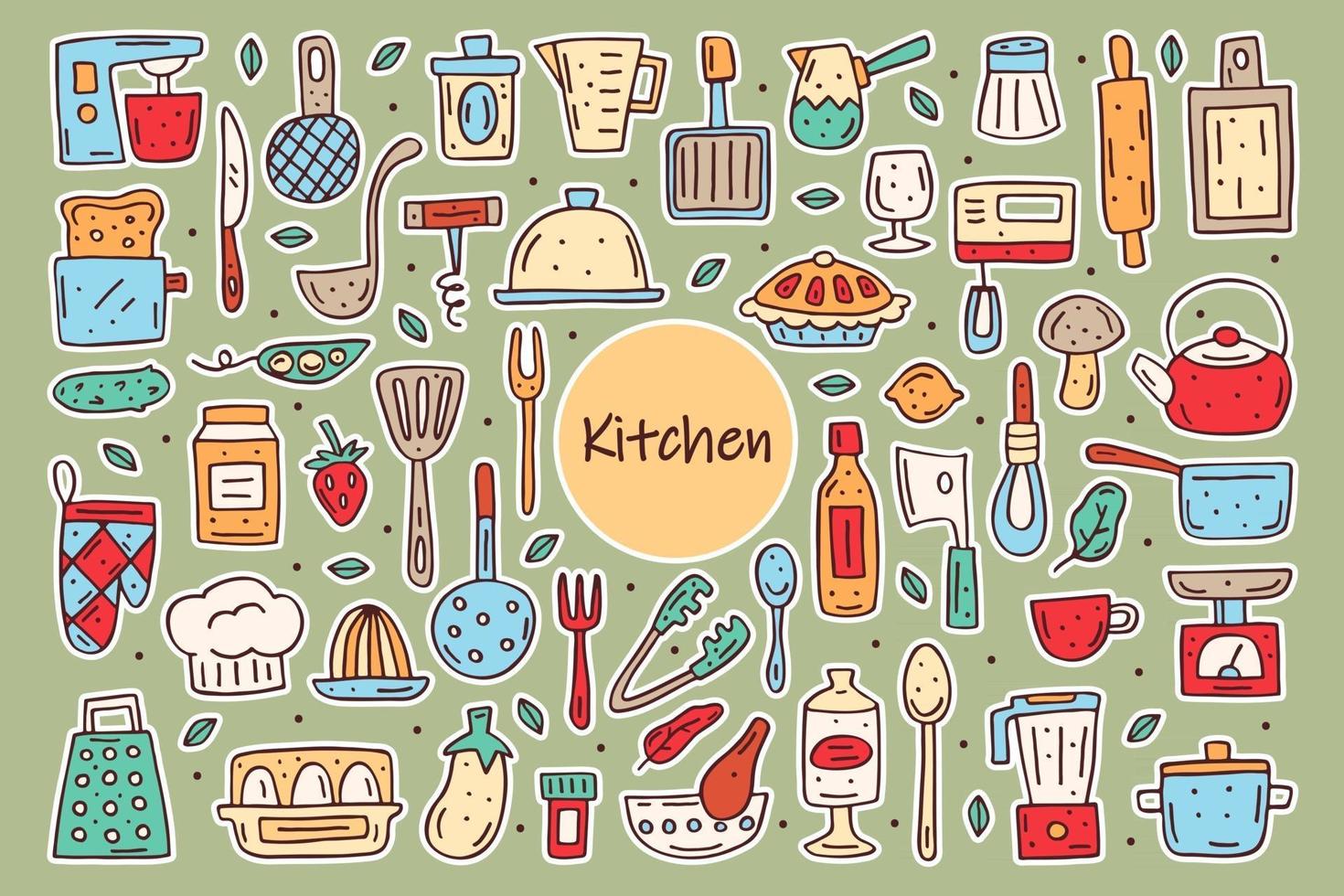 Kitchen elements cute doodle hand drawn vector clipart set of elements stickers cooking equipment food kitchenware
