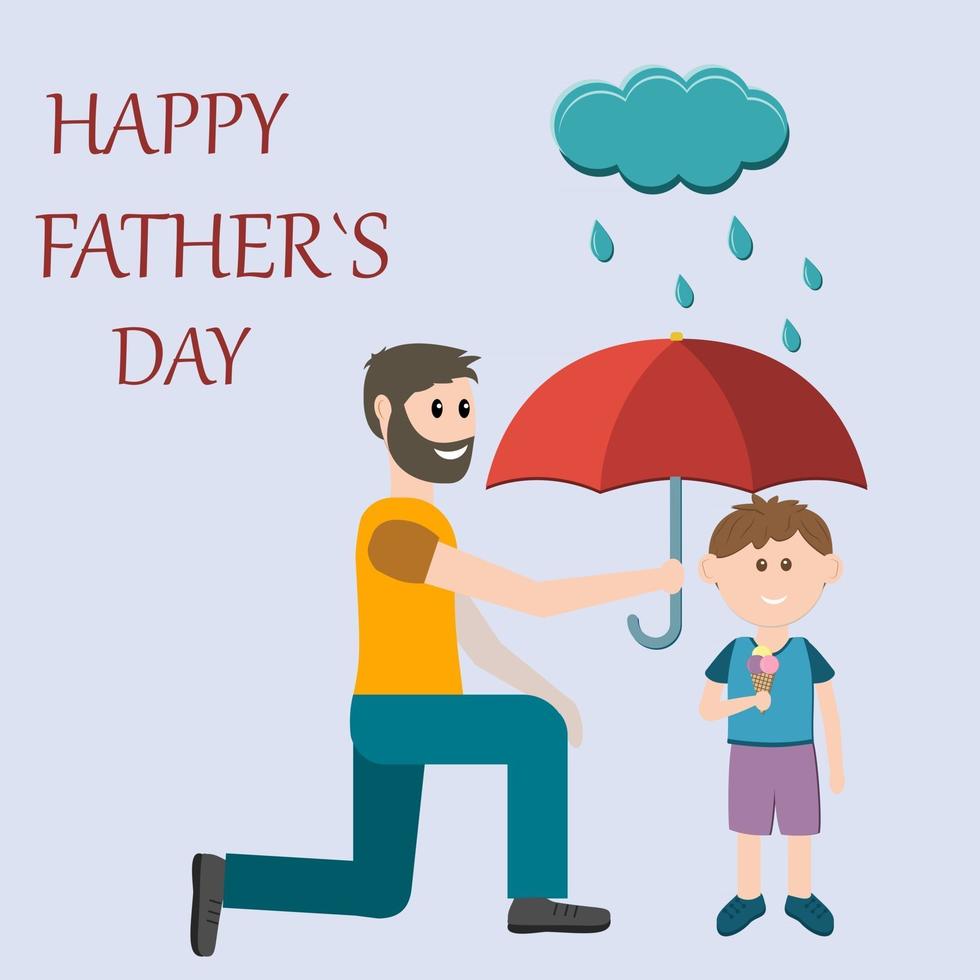 Tarjeta de felicitación regalo para padre de vacaciones padre sosteniendo paraguas sobre hijo color ilustración vectorial estilo plano vector
