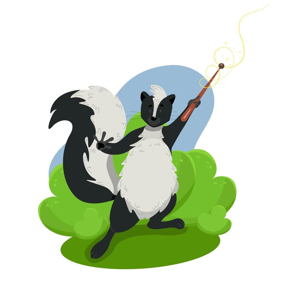 Cute funny skunk holding a magic wand wild animals vector character in cartoon style clip art on a white background