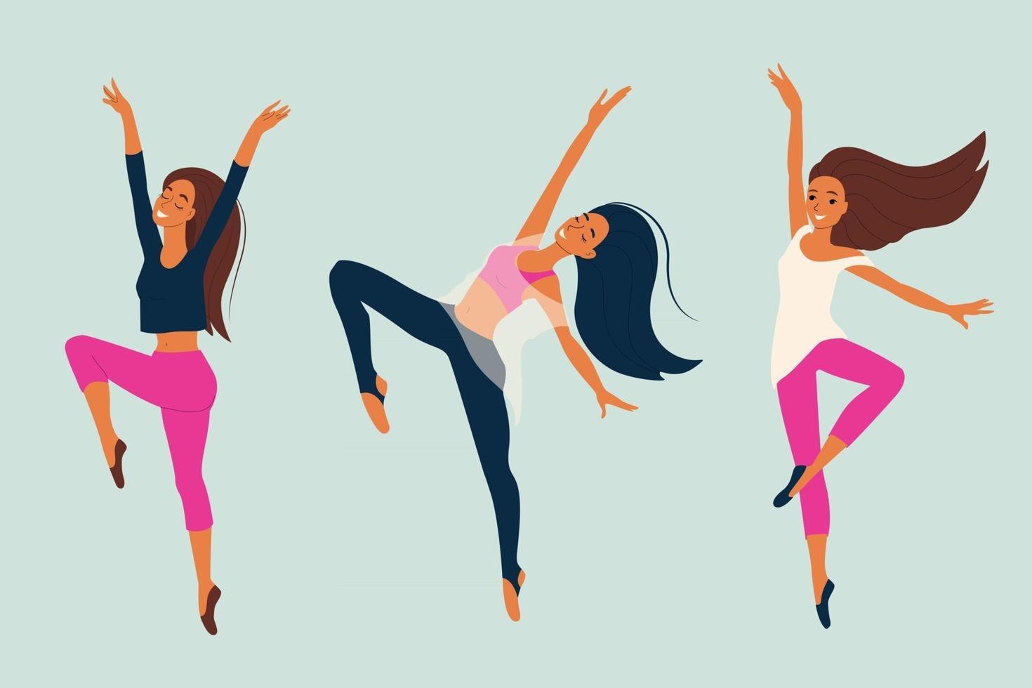 Young girl dancing modern dance dancer in graceful pose set of female characters in cartoon style vector illustration