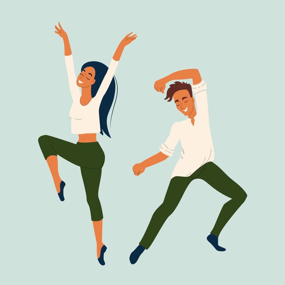 Two young dancers guy and girl vector dancing characters in flat style set of dancers