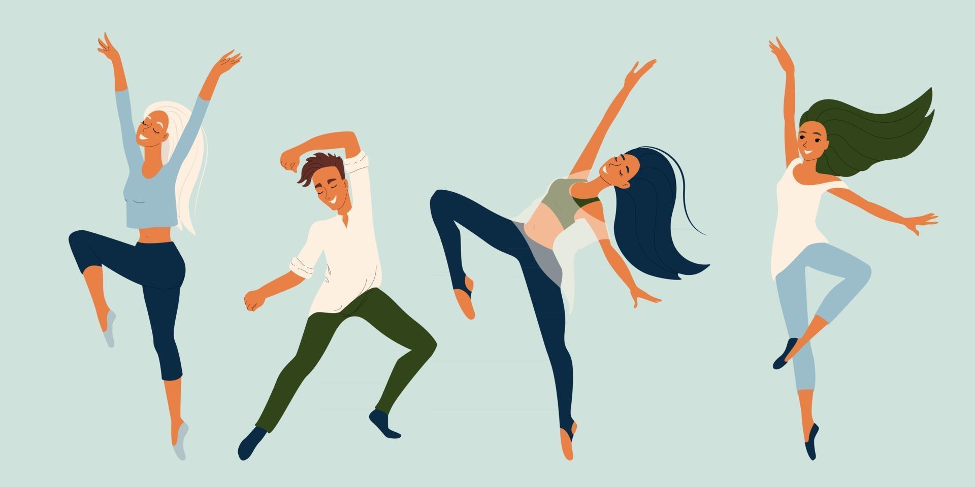 bailarines de chico y chica en diferentes poses conjunto de personajes vectoriales en estilo plano colección de bailarines modernos vector