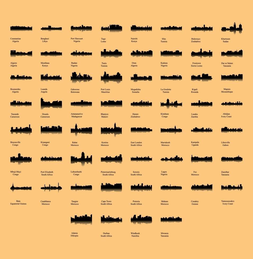 conjunto de 60 siluetas de ciudades de África vector