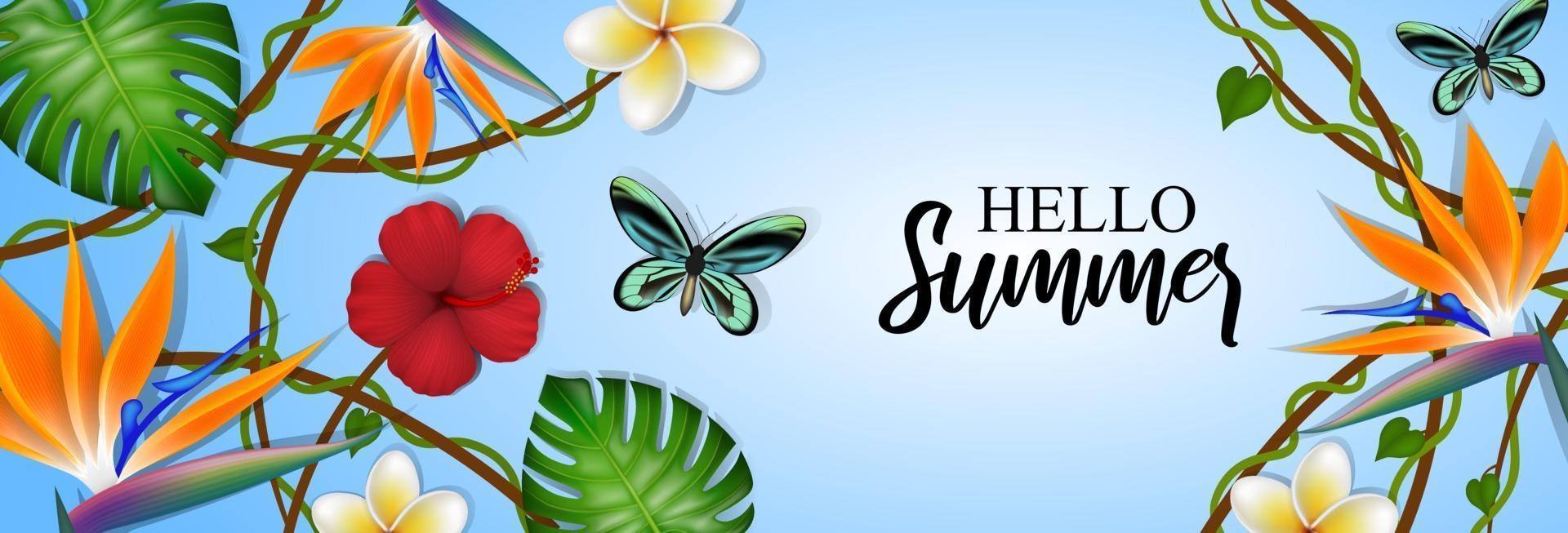 hello summer banner with tropical flowers and butterflies vector