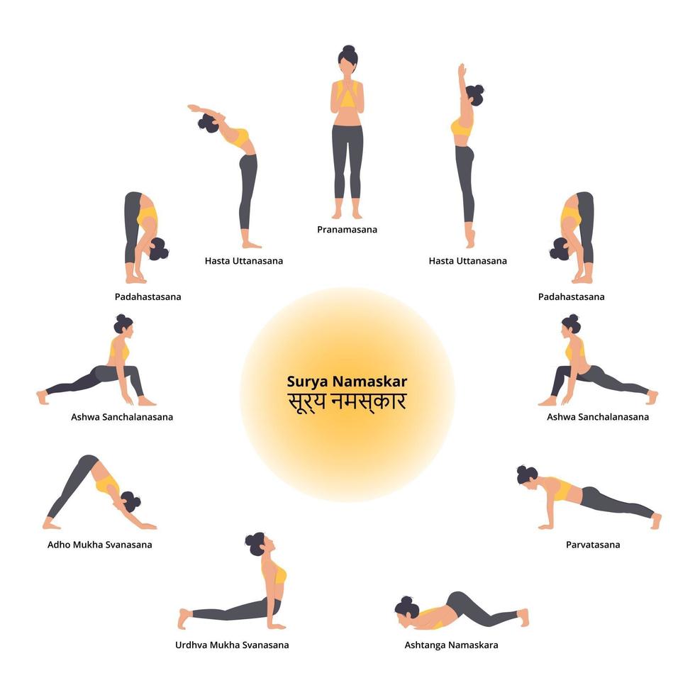 Set of yoga poses woman doing sun salutation vector illustration