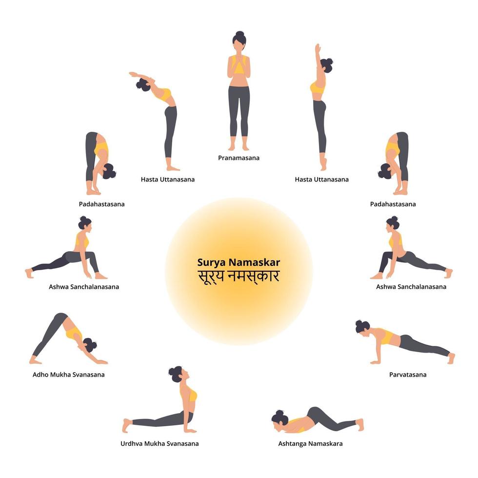 Conjunto de posturas de yoga mujer haciendo ilustración de vector de saludo al sol