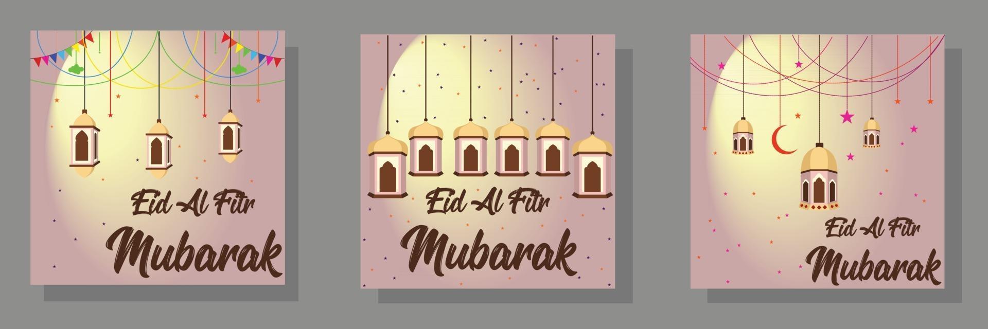 Triple vector illustration of eid mubarak lantern banner background template