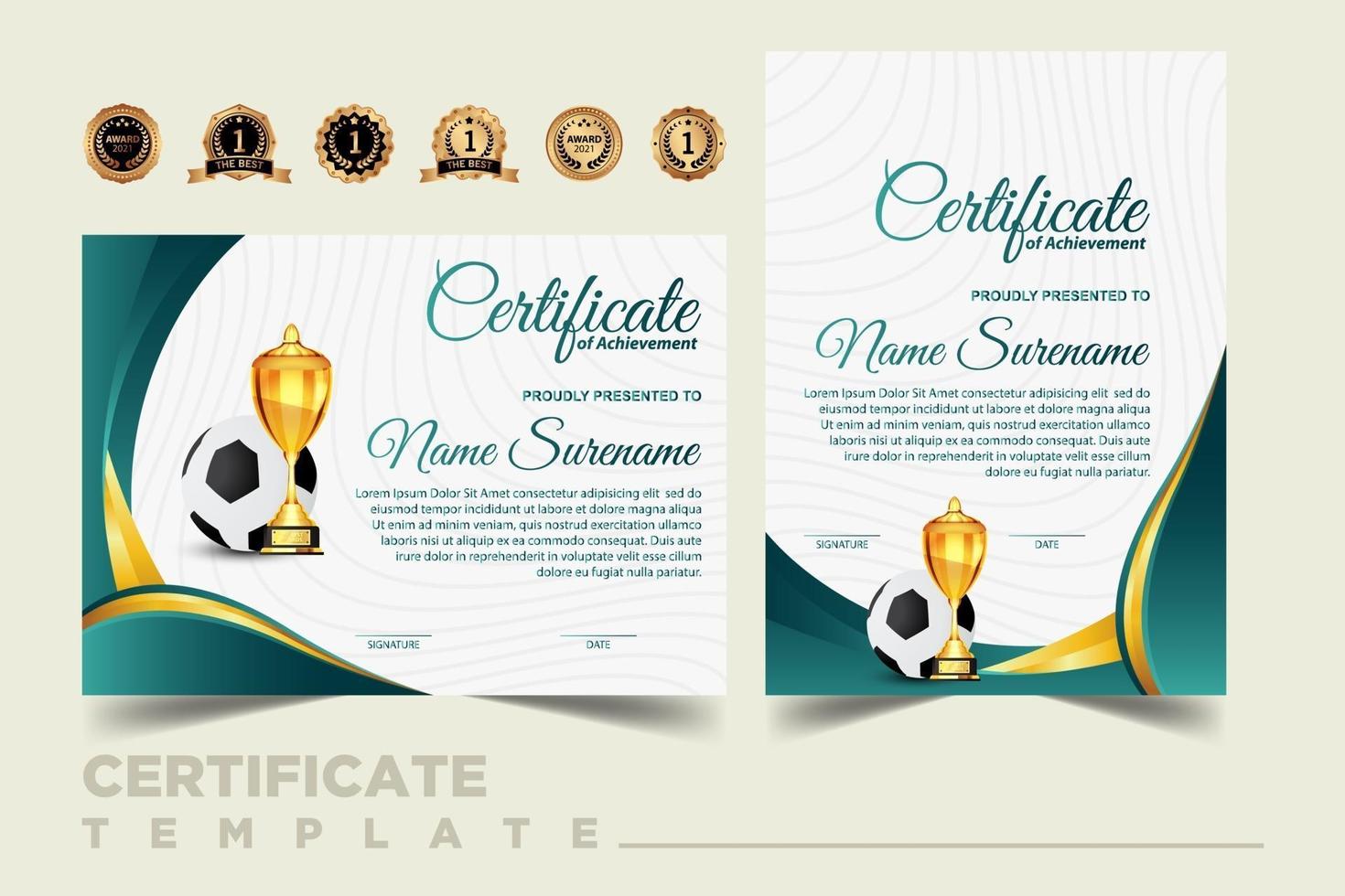 diploma de certificado de juego de fútbol con vector de conjunto de copa de oro