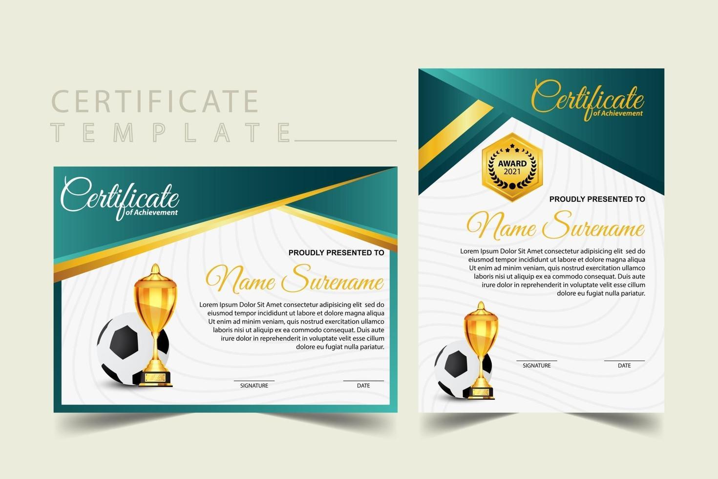 diploma de certificado de juego de fútbol con vector de conjunto de copa de oro