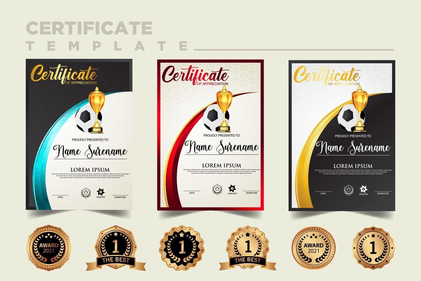 Soccer Game Certificate Diploma With Golden Cup Set Vector
