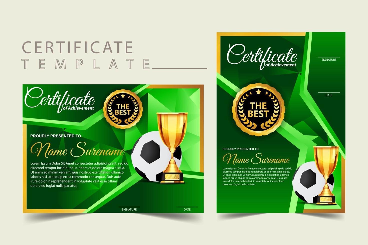 diploma de certificado de juego de fútbol con vector de conjunto de copa de oro