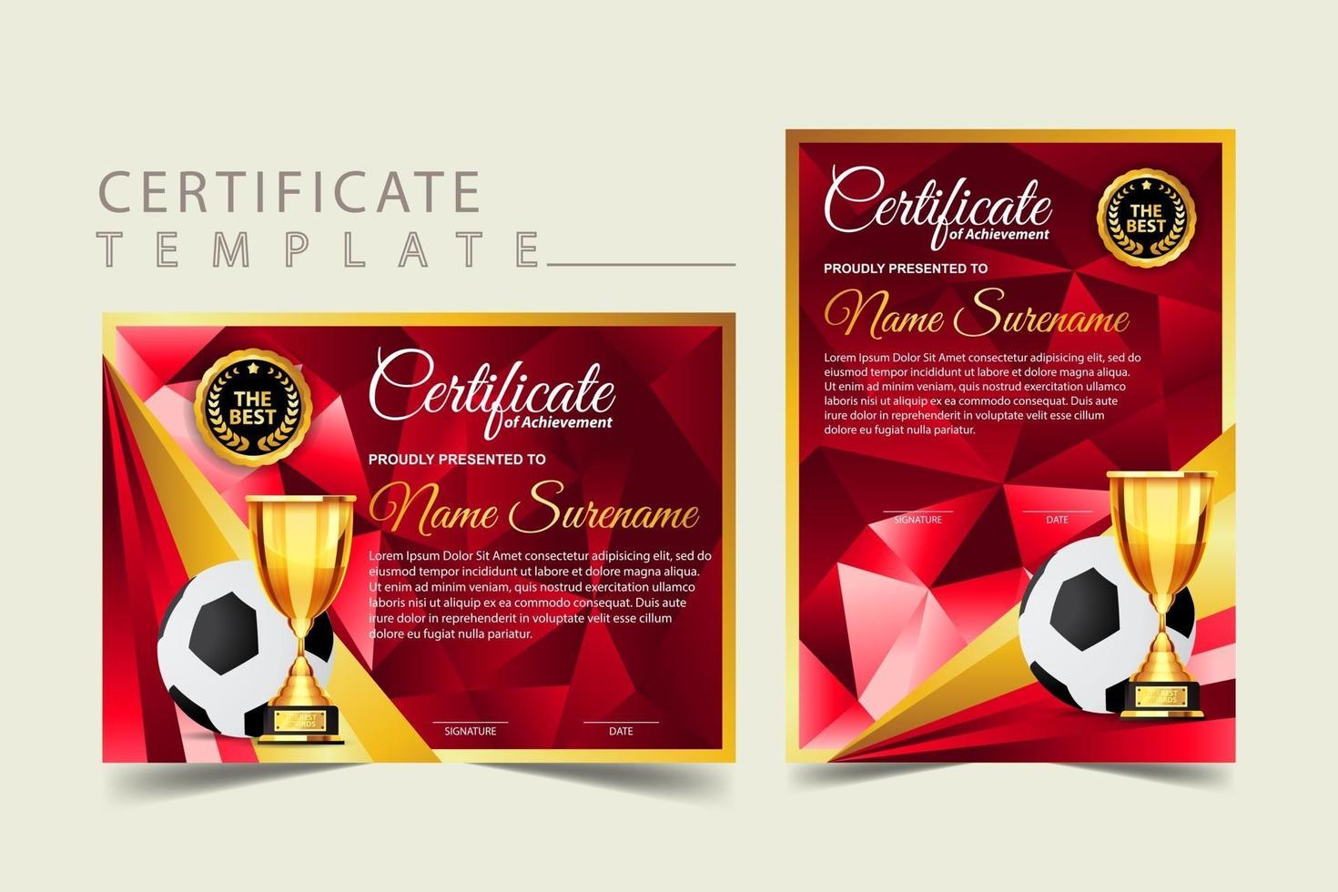 diploma de certificado de juego de fútbol con vector de conjunto de copa de oro