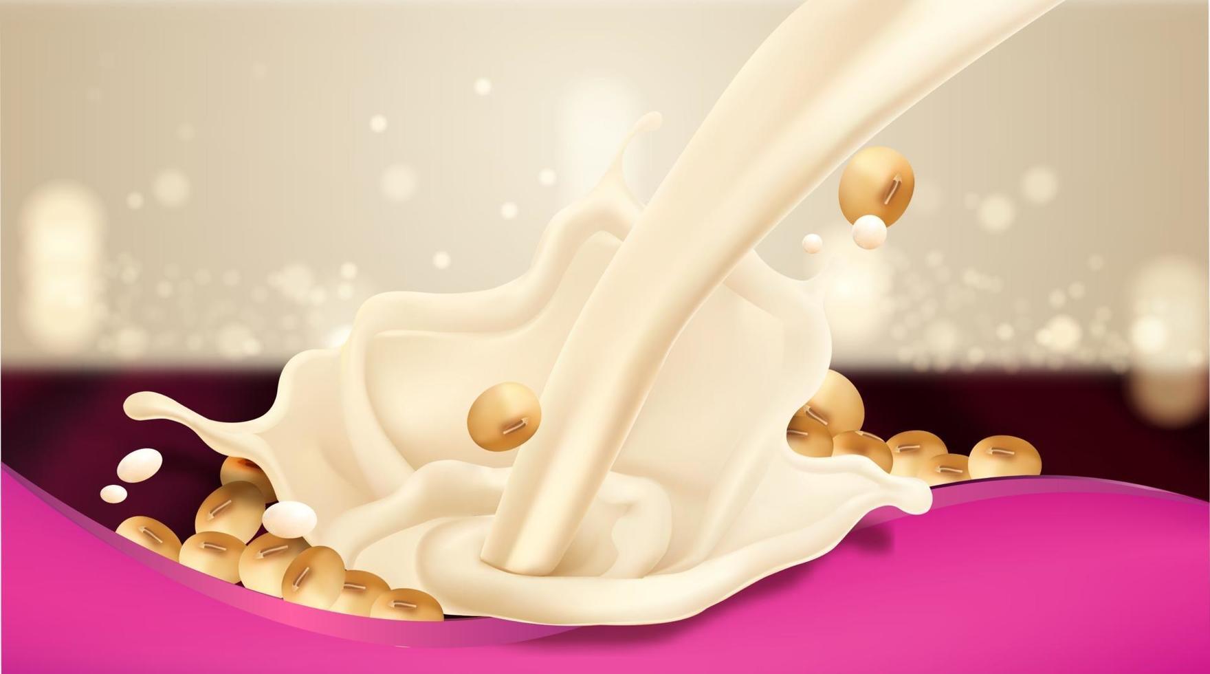 soy milk pouring down with beans isolated on natural field red and golden banner vector