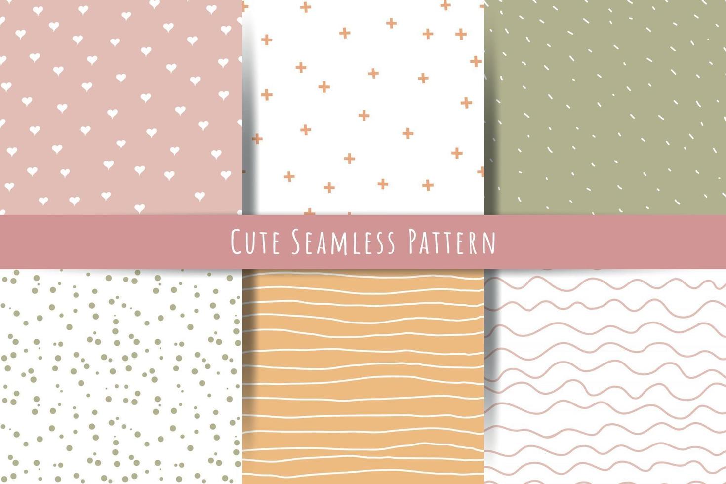 A set of simple minimalistic summer spring seamless patterns Gentle ornaments with lines drops hearts shapes vector
