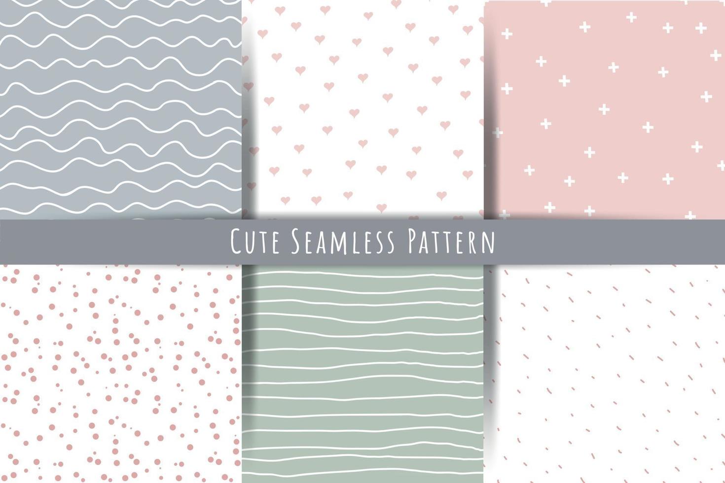 A set of simple minimalistic summer spring seamless patterns Gentle ornaments with lines drops hearts shapes vector