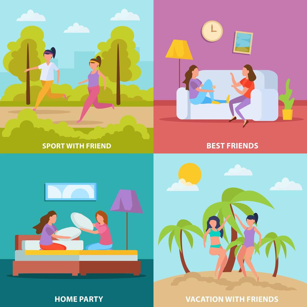 Girls Friendship Orthogonal Concept Vector Illustration