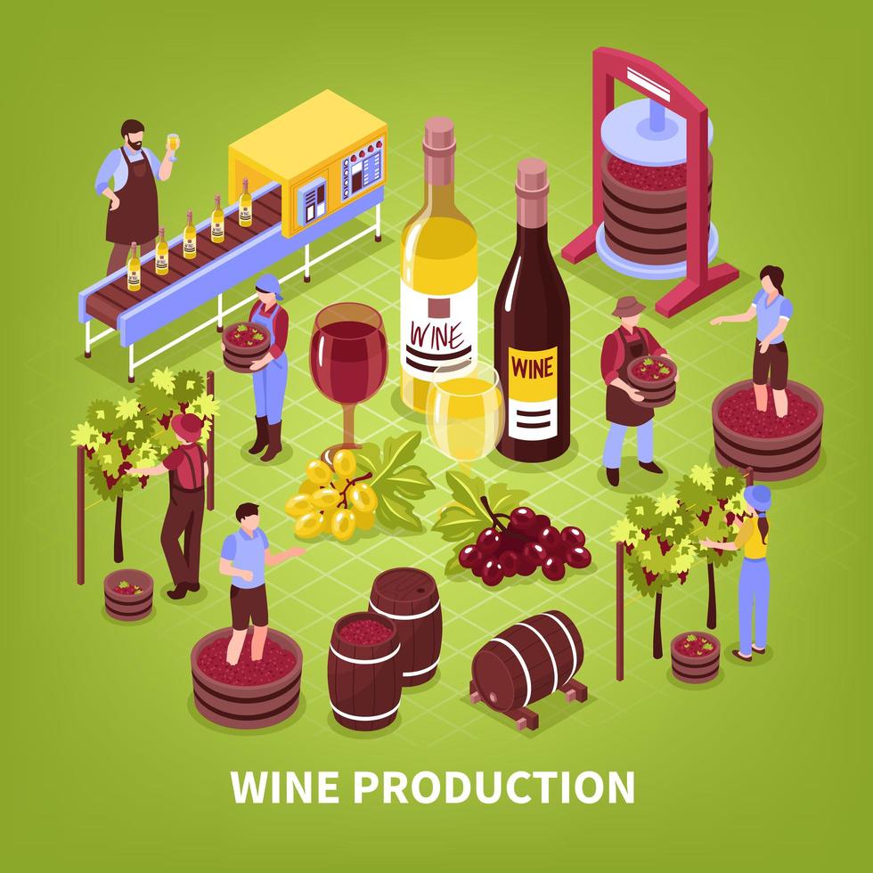 Ilustración de vector de ilustración isométrica de producción de vino