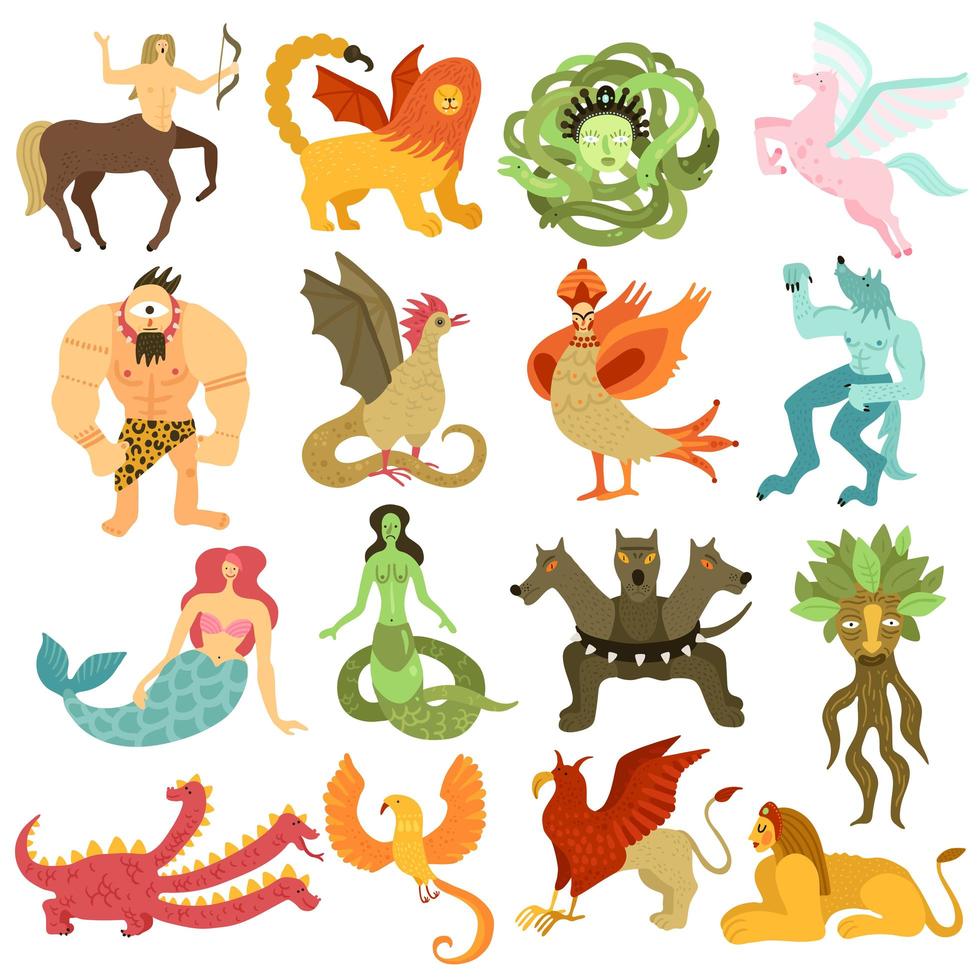 Mythical Creatures Set Vector Illustration