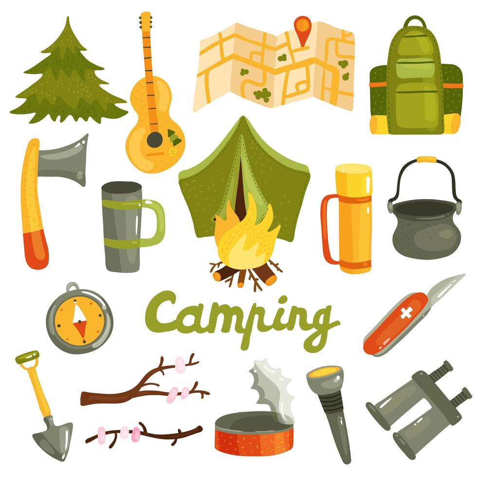 camping turismo equipo conjunto ilustración vectorial vector