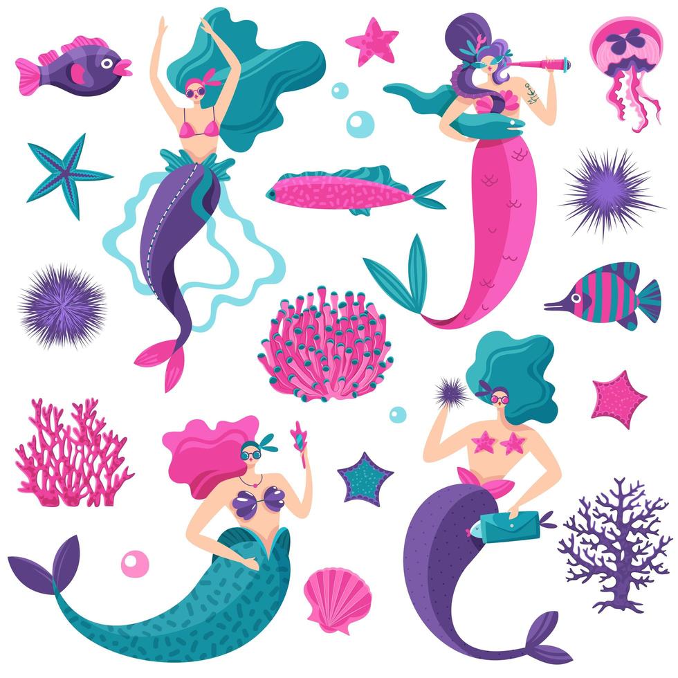 sirenas, vida marina, conjunto, vector, ilustración vector