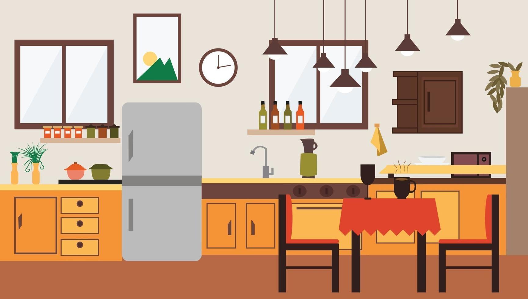 Spacious kitchen and dining room interior design flat vector