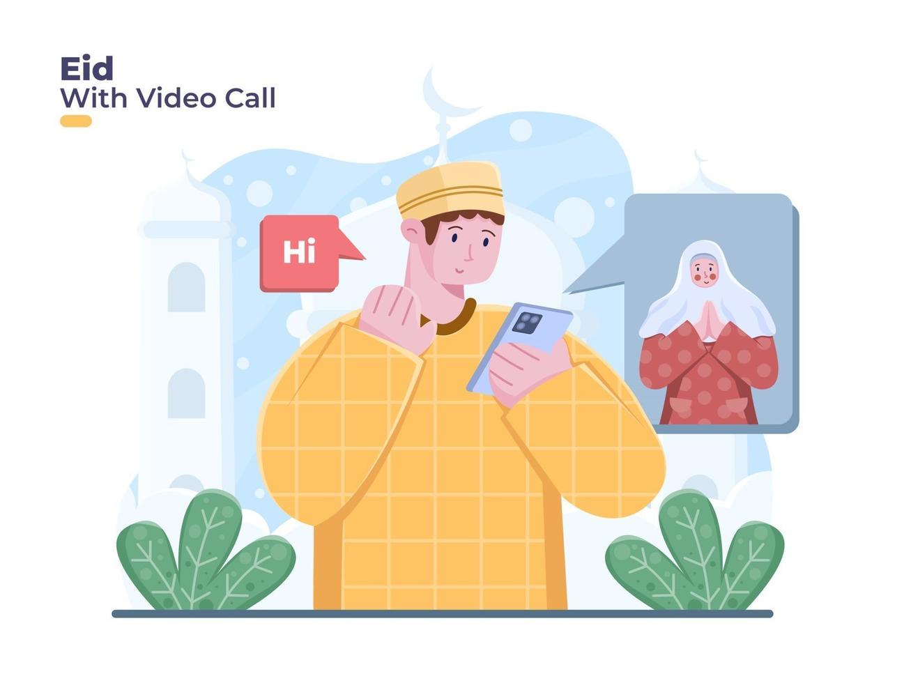 Translation is celebrating eid mubarak or eid al fitr with online video call. Person greeting happy eid on video call vector