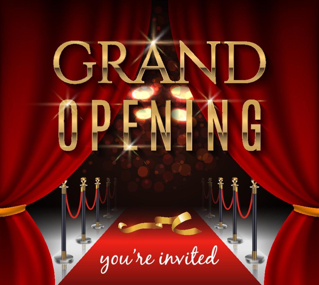 Grand opening invitation card with red theater curtains and velvet carpet vector