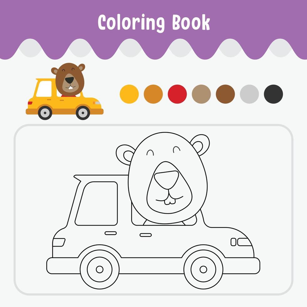 Coloring book of cute animal theme worksheet for education vector illustration - beaver in car