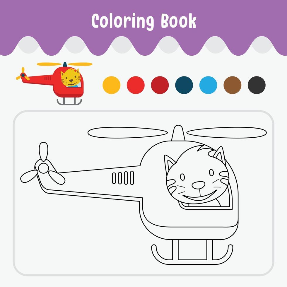 Coloring book of cute animal theme worksheet for education vector illustration - cat in helicopter