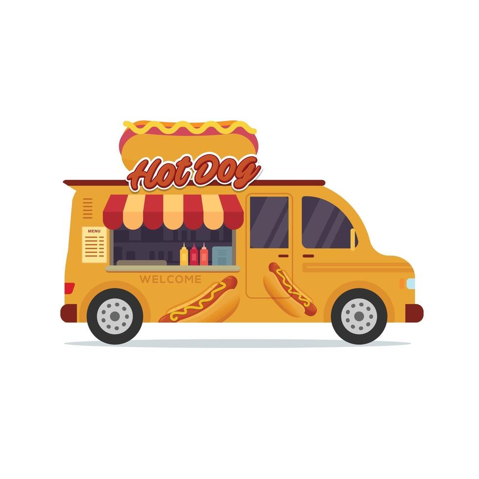 Ilustración plana de vector de camión de comida de hot dog