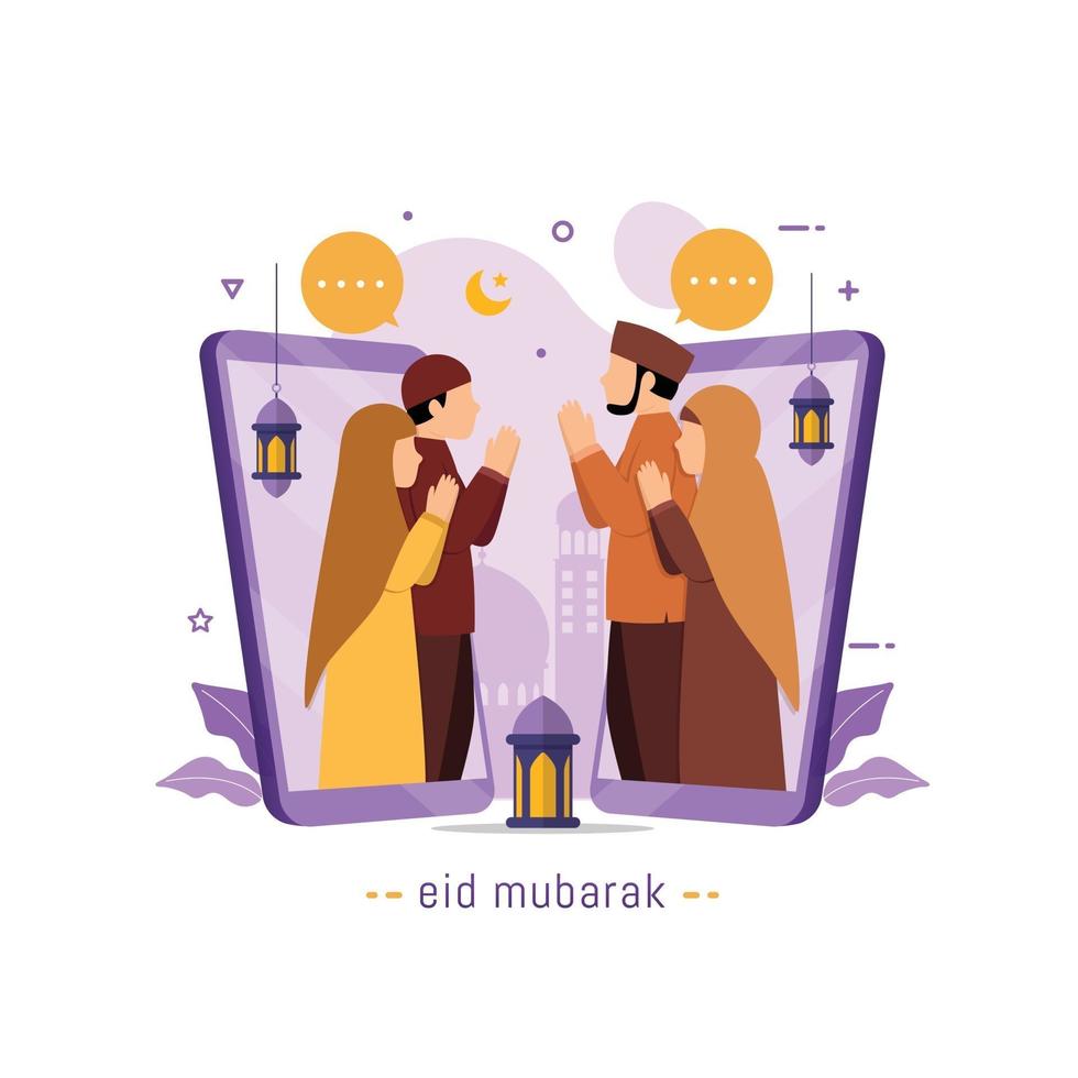 Eid Mubarak greetings and celebrate Muslims people communicates through video call vector