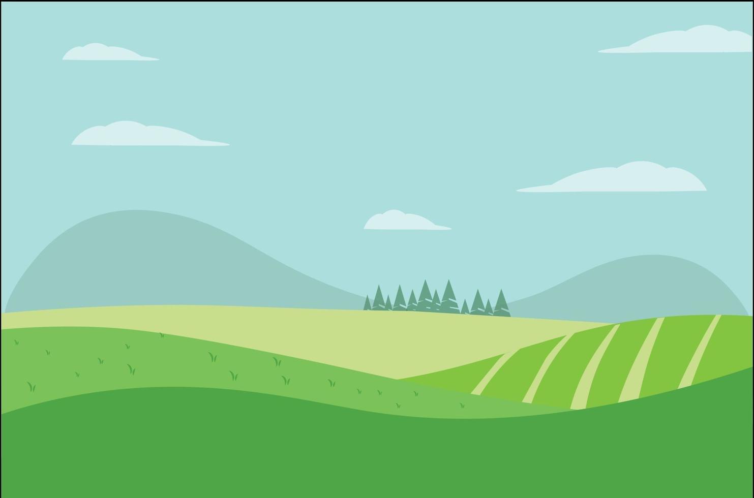 paisaje de primavera con montañas, árboles, campos y naturaleza, linda ilustración de estilo plano vector