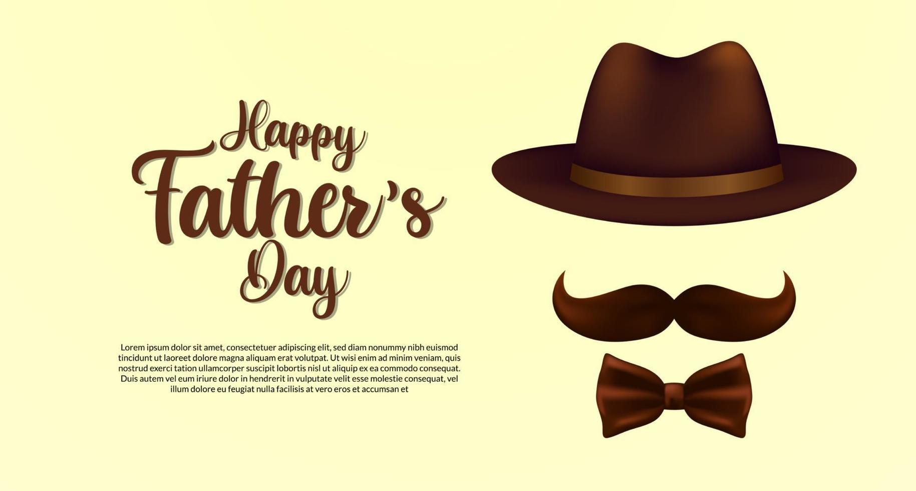 Happy fathers day poster banner template with hat mustache and tie with elegant style postcard vector