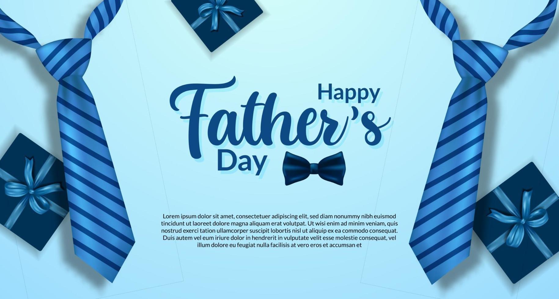 Happy fathers day poster banner template with realistic blue color of tie and present box top view postcard vector