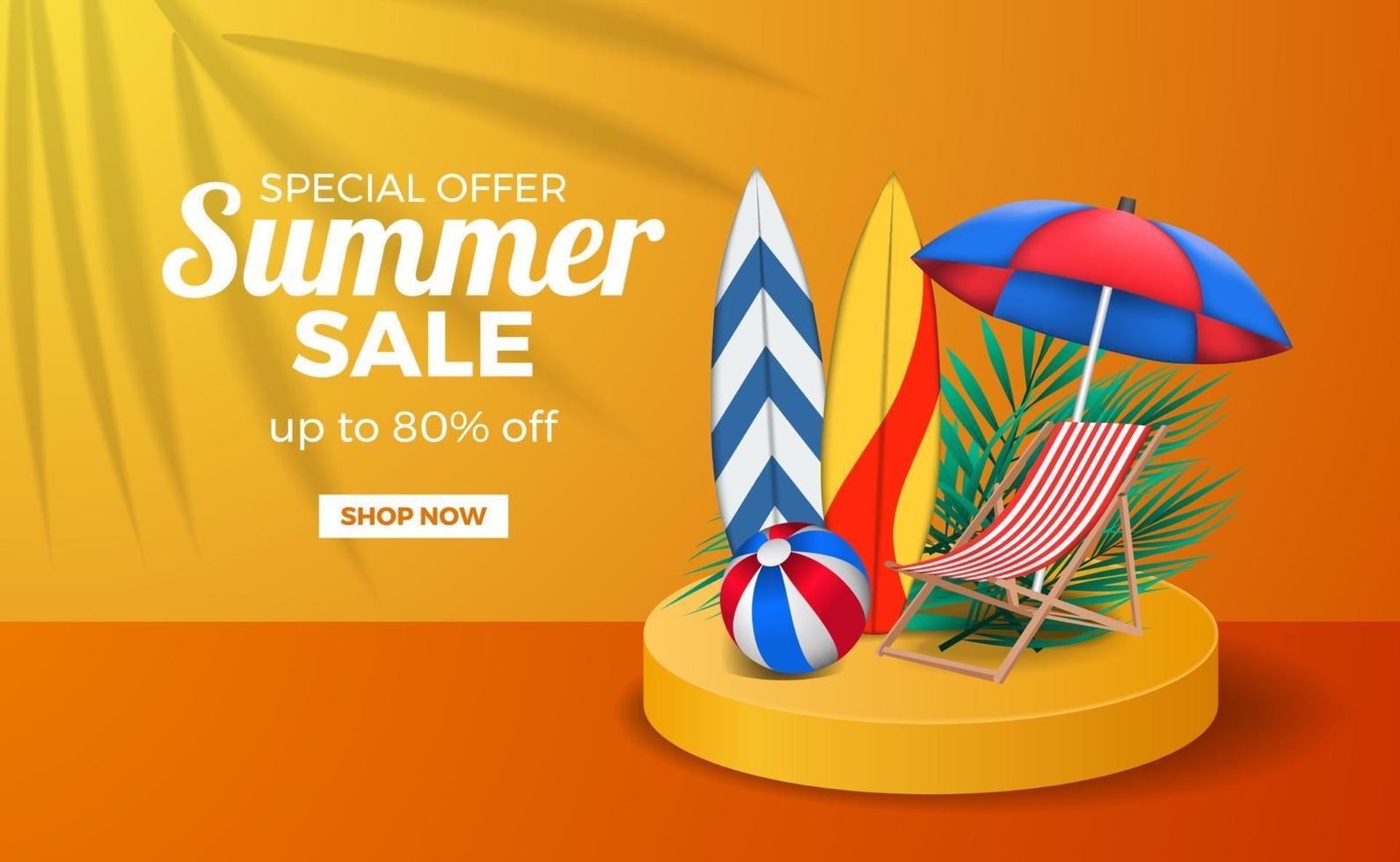 Summer sale poster banner template with podium stage orange warm color with surfboard ball and chair vector