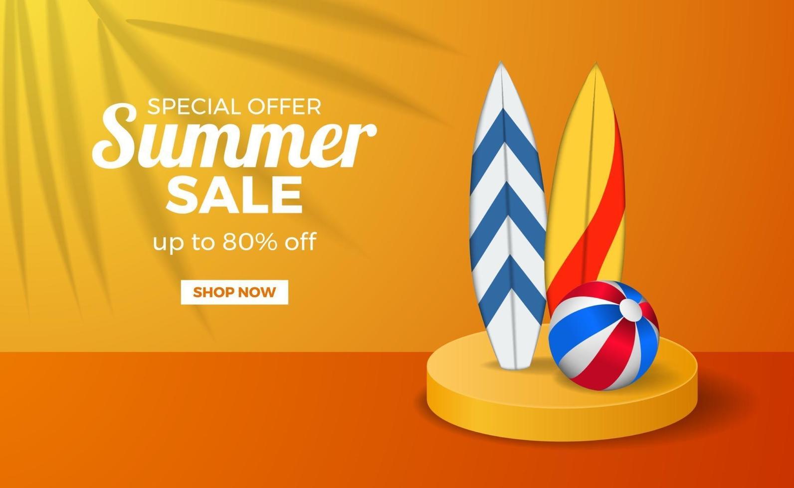 Summer sale poster banner template with podium stage orange warm color with surfboard and ball vector