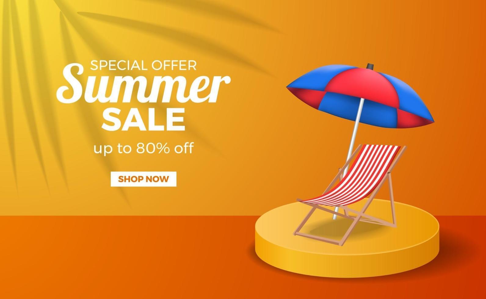 Plantilla de banner de cartel de venta de verano con escenario de podio color cálido naranja con silla perezosa y paraguas vector