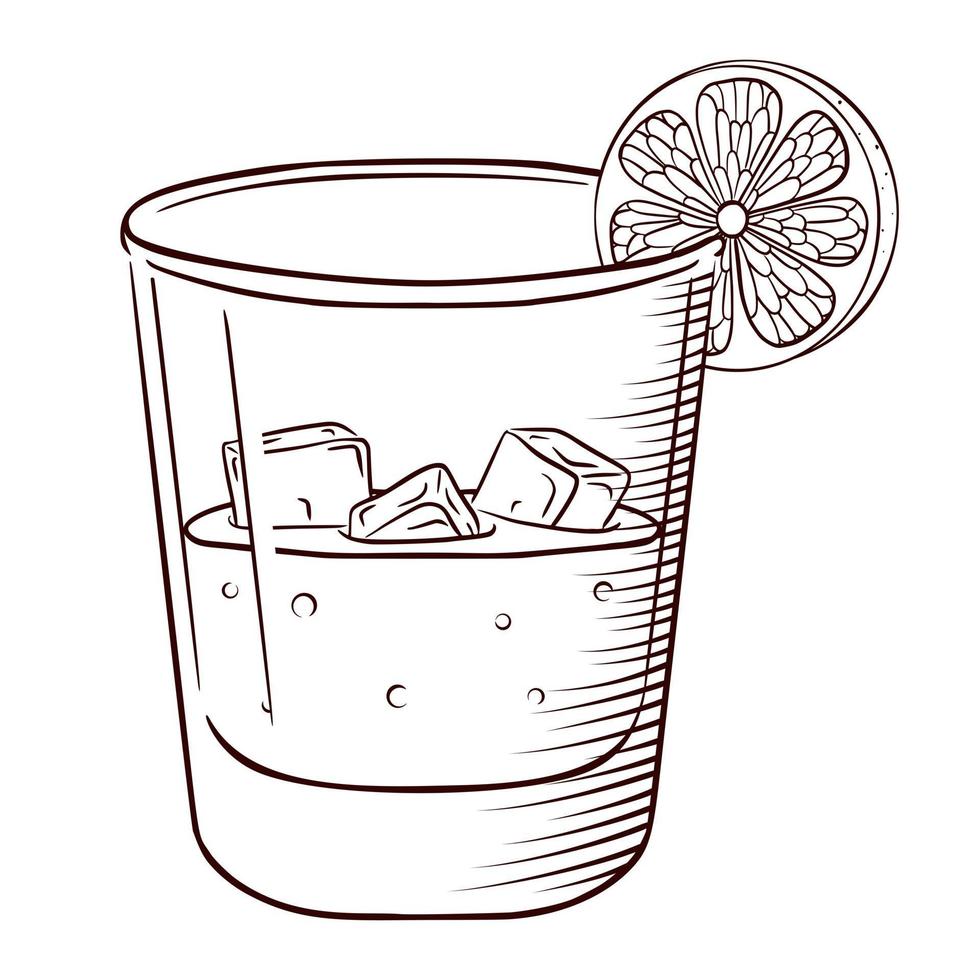 Dibujado a mano whisky o refresco con hielo y rodaja de limón grabado vintage en blanco y negro aislado vector