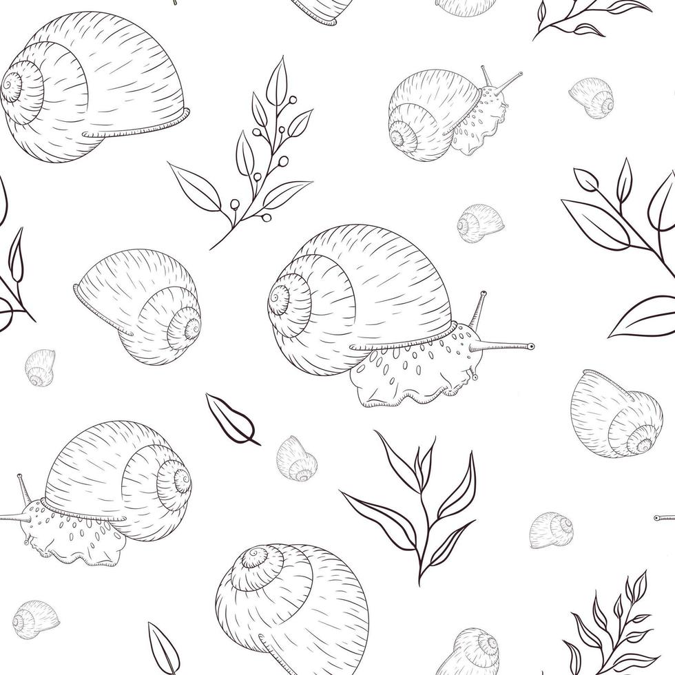 Hand Drawn Garden Snail with Floral Elements Engraved Seamless Pattern in Vintage Style vector