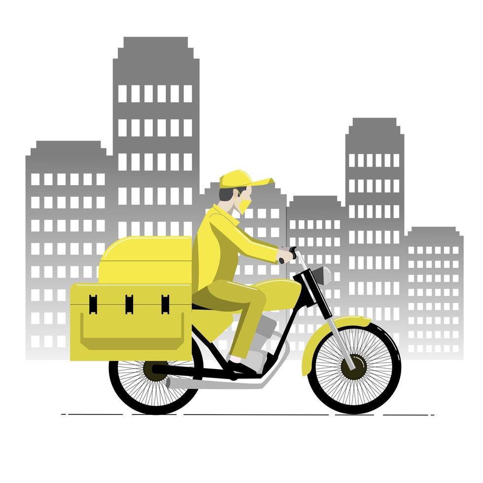 Food delivery man uses yellow custom courier motorcycle with box delivering food to customer vector