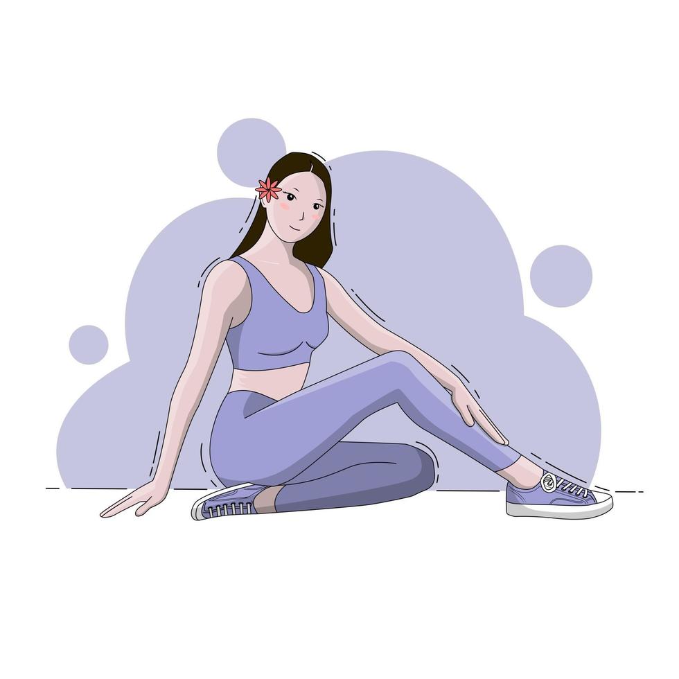 Feminine concept flat illustration woman sitting in blue shirt with flower on her ear vector