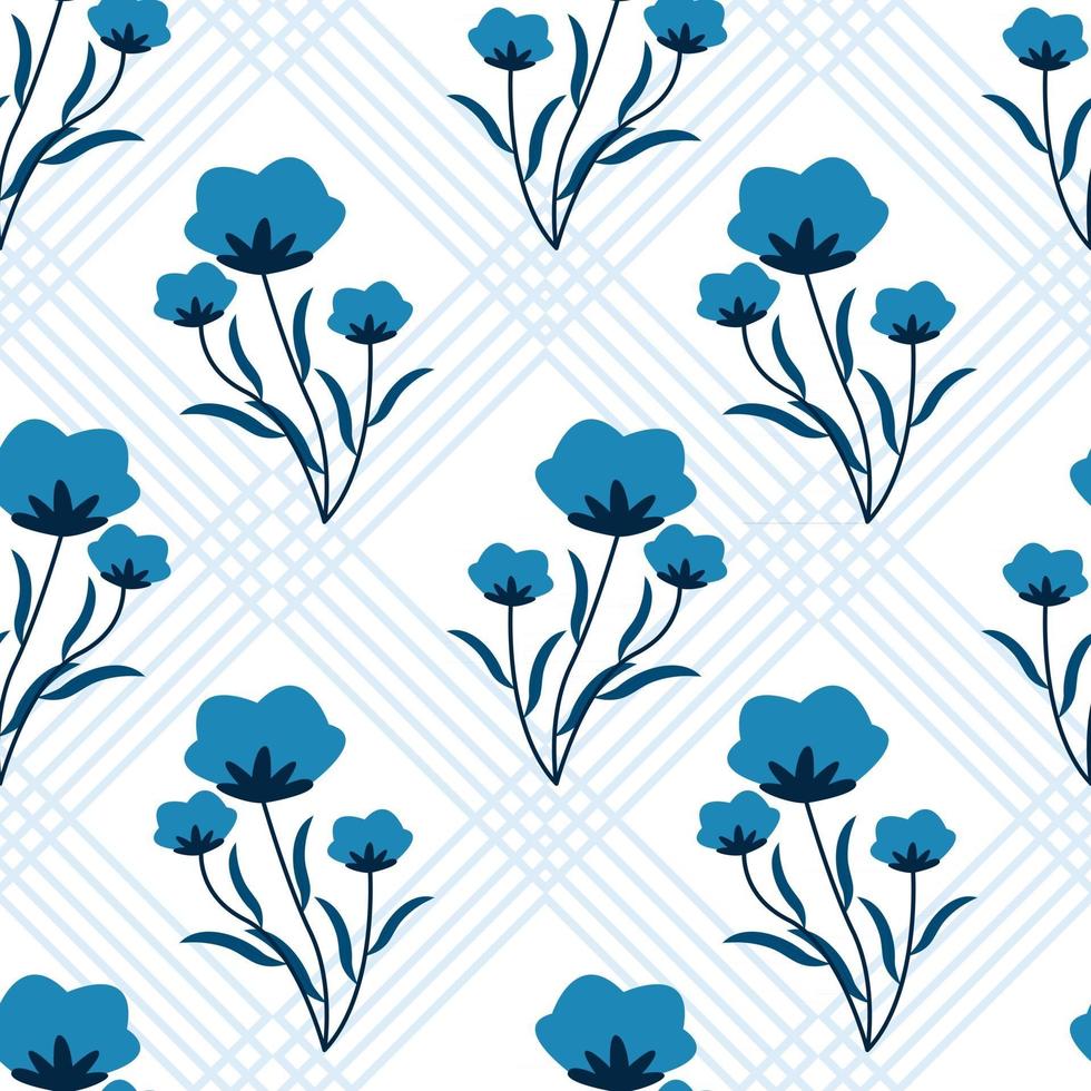 Seamless pattern with blue flowers and geometric background vector
